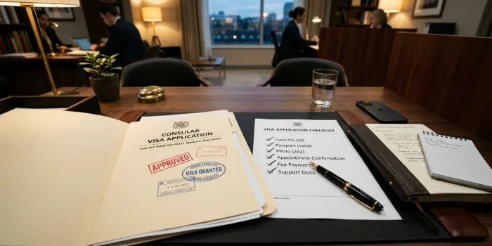 Mesa de trabajo legal con revisión minuciosa de documentos y requisitos migratorios