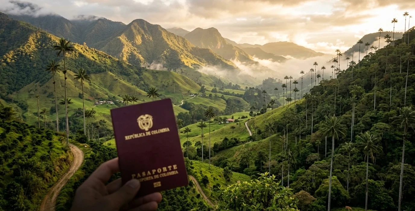 Paisaje cafetero del Quindío con pasaporte y arraigo regional