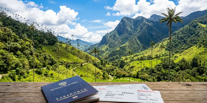 Familia y cónyuge acompañando al titular de visa en Colombia en entorno natural luminoso