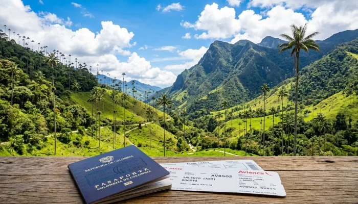 Paisaje cafetero del Quindío con pasaporte y tiquetes de vuelo desde Armenia