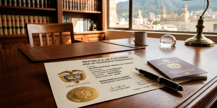 Certificado oficial de residencia permanente en Colombia con pasaporte y sellos consulares