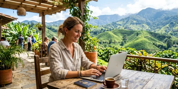 Nómada digital trabajando en su laptop con vista a las montañas cafeteras de Colombia